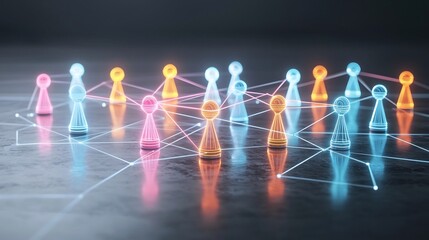Fototapete - Glowing neon game pieces connected by bright lines on a reflective black surface symbolizing the concept of teamwork network building and digital technology