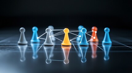 Fototapete - Glowing neon game pieces connected by bright luminous lines on a reflective black surface symbolizing the concepts of teamwork network building and digital