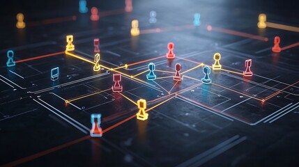 Fototapete - Futuristic neon network concept featuring colorful game pieces connected by glowing lines on a dark glossy background creating a visually striking and technologically advanced digital landscape