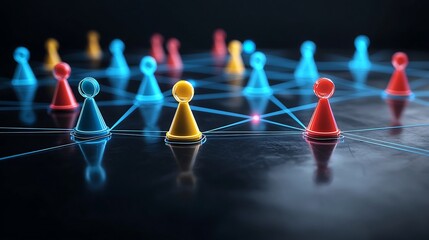 Fototapete - Vibrant neon linked network of colorful abstract game pieces against a glossy black backdrop creating a high tech futuristic feel for digital social connection and communication