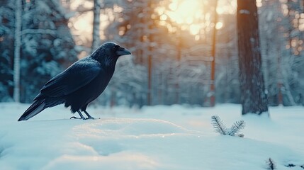 A raven stands in profile against a blurred background of falling snowflakes and warm bokeh lights, creating an enchanting winter atmosphere