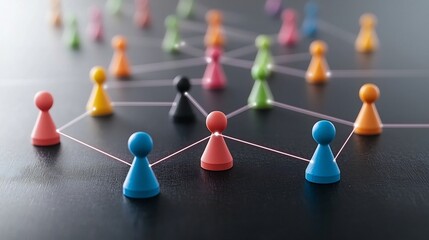 Fototapete - Colorful neon network of game pieces linked by glowing lines on a sleek black surface representing the concept of social networking technology and digital interconnectivity