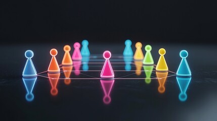 Fototapete - Vibrant neon game pieces in a network formation on a reflective black surface representing the modern digital and social interaction in a technological and futuristic concept