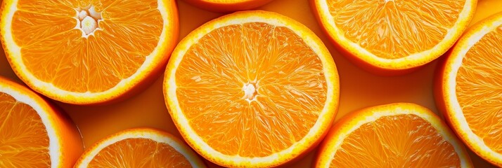 Wall Mural - A close-up view of juicy orange slices, showcasing their bright color and textures grouped together.