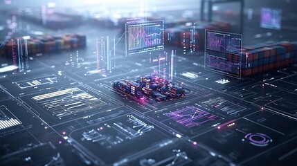 Fototapete - Aerial view showcasing the interconnected global network of a bustling container port with floating data charts and visualizations in a sleek industrial blue purple color tone