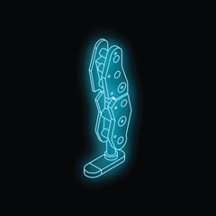 Poster - Blue glowing neon robotic leg standing on a black background, perfect for futuristic and technological projects