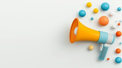 Poster - Vibrant bold colored bubbles emanating from a megaphone against a clean minimalist background visually representing the power of digital marketing and social media to promote connect