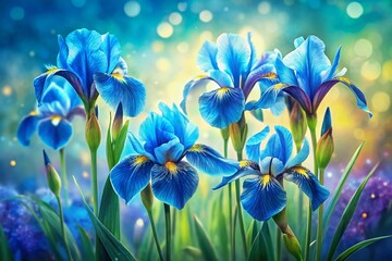 Poster - Beautiful Blue Iris Flowers in a Watercolor Style with Tilt-Shift Photography Effect, Capturing the Delicate Petals and Vibrant Colors for Nature Lovers and Floral Enthusiasts