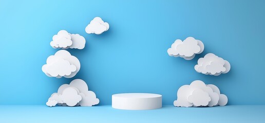 Poster - A 3D blue sky with clouds forms a podium for product display, featuring a white smoke scene and a pedestal in a dreamy studio setting. This abstract fog and steam create a circle stage, perfect for