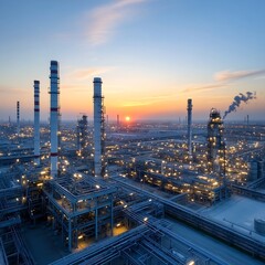 Poster - Dramatic sunset view of a vast refinery complex with numerous fuel processing towers pipelines and storage tanks silhouetted against the evening sky