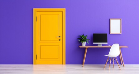 Poster - A realistic 3D modern illustration of a room interior featuring a workplace with a computer on a desk, a seat, and shelves. The empty home or office design includes a white door, curtains on the