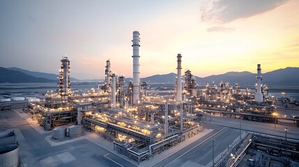 Poster - Majestic Oil Refinery Plant Glowing at Sunset Massive Industrial Complex with Towering Structures and Illuminated Lights Against a Dramatic Skyline