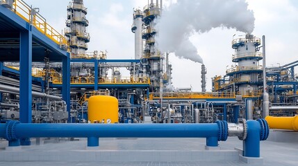 Poster - Detailed Close up View of Refinery Pipes and Steam Rising During the Active Fuel Processing and Production in an Industrial Petrochemical Plant
