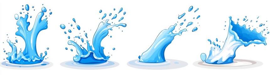 Poster - A modern icon set featuring cartoon water tears, including liquid drops with splashes, puddles, falling waterfalls, and teardrop symbols, all isolated on a dark background. This design is simple,