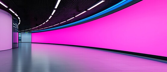 Poster - A digital stage display with LED panels, perfect for concerts or night disco parties, featuring curved concave electronic monitors glowing in neon blue and purple, utilizing realistic 3D modern LCD