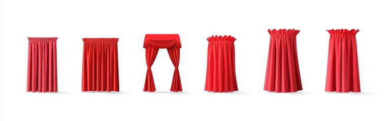 Poster - A red theater stage curtain, shown both closed and open, with a long and short top border, isolated on a white background. This is a realistic 3D modern illustration set of velvet cloth drapery
