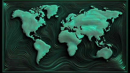 World map with intricate swirling patterns in vibrant green hues, AI