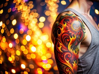 Poster - Bold Flame Tattoos Design on Skin with Copy Space for Text, Perfect for Body Art and Tattoo Enthusiasts, Showcasing Fiery Patterns and Colors in a Creative Layout