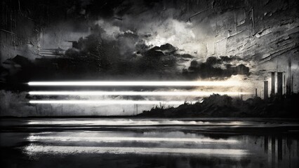 Poster - Bold Black and White Abstract Illustration with Textured Brush Strokes and a Central Horizontal Bar in Night Photography Style