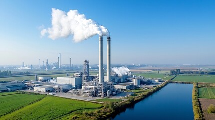 Poster - Scenic view of a fuel processing plant with industrial smokestacks releasing steam into a clean clear atmosphere