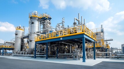 Poster - Close up view of a sleek metallic distillation tower within an industrial fuel refining plant showcasing the modern chrome accented design and complex engineering of the equipment