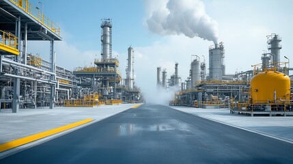 Poster - Organized Efficiency of a Bustling Refinery Facility with Steam Rising from Machinery and Infrastructure Amid the Cityscape