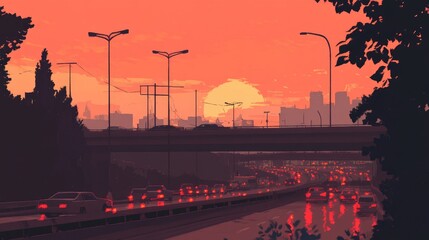 Poster - A vibrant scene of a motorway during rush hour, with heavy traffic and tail lights creating a river of red against the backdrop of twilight.