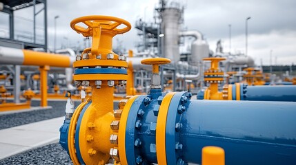 Poster - Closeup view of the intricate pipelines valves and other industrial equipment at a modern gas refinery facility showcasing the smooth lines geometric patterns