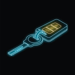 Poster - Neon car key glowing on a black background, representing car rental, sale, insurance or security