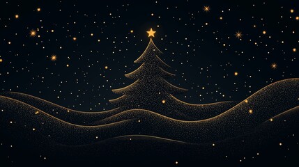 Wall Mural - Bright golden Christmas tree stands out in a snowy night sky