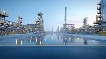 Poster - Dramatic reflection of a towering industrial oil refinery plant on the calm mirrored surface of a surrounding body of water creating a serene yet powerful landscape