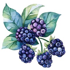 Wall Mural - Watercolor painting of a branch of ripe blackberries with vibrant green leaves, isolated on white.