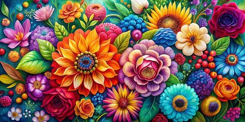 Poster - Captivating Abstract Floral Acrylic Painting for Packaging and Background Design in Vibrant Colors, Ideal for Artistic Projects and Creative Marketing Applications