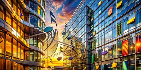 Poster - Captivating Architectural Photography of a Modern Building with Musical Elements, Symbolizing the Harmony Between Structure and Sound in Urban Landscapes