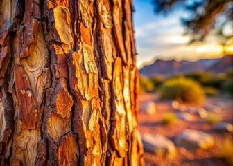 Poster - Captivating Bokeh Effect on Arizona Bark Textures Illuminated by Soft Natural Light, Showcasing the Unique Patterns and Colors Found in the Desert Landscape