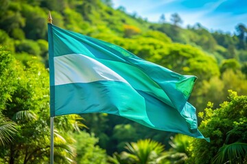 Poster - Captivating Candid Photography Featuring a Blue Green Blue Flag Against a Lush Natural Background, Evoking Tranquility and Connection to Nature in Vibrant Colors