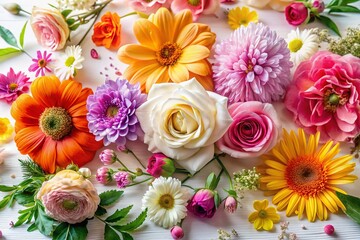 Poster - Captivating Candid Photography of Vibrant Flowers on a Crisp White Background, Perfect for Enhancing Floral Aesthetics in Home Decor and Creative Projects