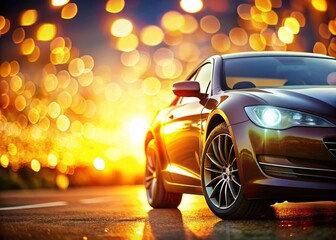 Poster - Captivating Car Caught in Sunbeam with Bokeh Effect, Highlighting the Radiant Glow and Glimmering Details of a Modern Vehicle in a Dreamy Outdoor Setting
