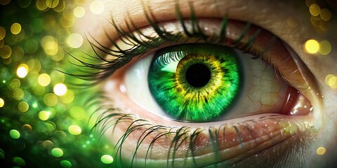 Fototapete - Captivating Close-Up of a Green Eye with Bokeh Effect, Showcasing Intricate Details and Soft Background Blur for Artistic Photography and Nature Themes