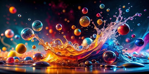 Poster - Captivating Color Abstraction: The Dance of Raging Water Illuminated by Light, Boiling Bubbles Resembling Stars in the Universe, Creating a Stunning Visual Symphony of Colors