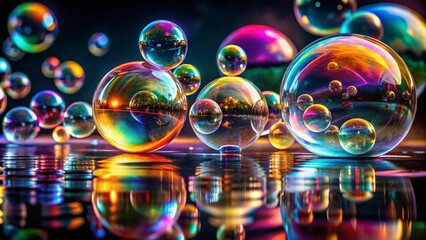 Poster - Captivating Colorful Soap Bubbles Floating Against a Dark Background with Stunning Light Reflections Creating a Magical and Dreamlike Atmosphere for Creative Projects