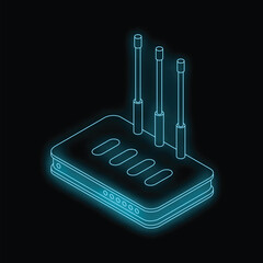 Poster - Neon blue wi fi router glowing on a black background representing the concept of wireless internet connection