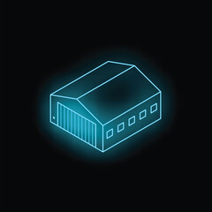 Poster - Glowing neon blue warehouse building is isolated on a black background