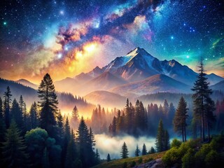 Poster - Captivating Double Exposure Photography of Stars Blending with Scenic Landscapes for a Dreamy Aesthetic Appeal