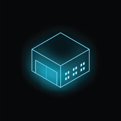 Poster - Neon glowing blue warehouse building icon on a black background representing logistics and distribution