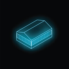 Poster - Glowing neon blue warehouse building on a black background