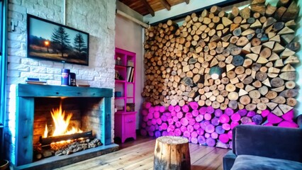 Wall Mural - Cozy Living Room with Fireplace and Log Wall Decor