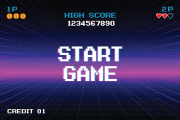 Poster - START GAME. pixel art .8 bit game. Retro Futurism Sci-Fi Background. glowing neon grid and star from vintage arcade computer games