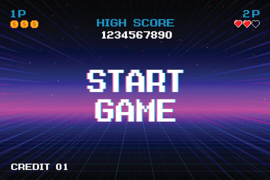 START GAME. pixel art .8 bit game. Retro Futurism Sci-Fi Background. glowing neon grid and star from vintage arcade computer games