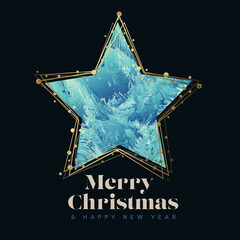 Wall Mural - modern merry christmas and happy new year card with abstract blue illustration in big golden star sh